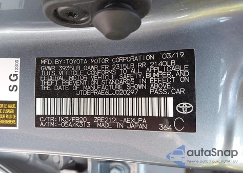 2020 Toyota Corolla Le из США, поврежденный, VIN JTDEPRAE6LJ020297